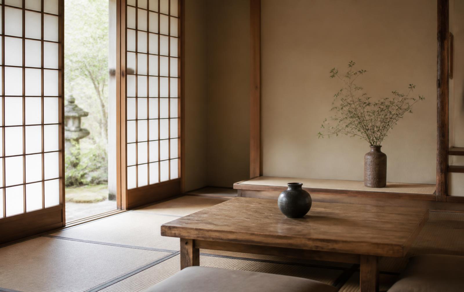 Interior japonés minimalista con tatami, paneles shoji y una mesa baja de madera